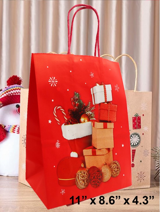 Christmas Design Kraft Paper Gift Bags(12Pcs) 11"X 8.6"X  4.3"